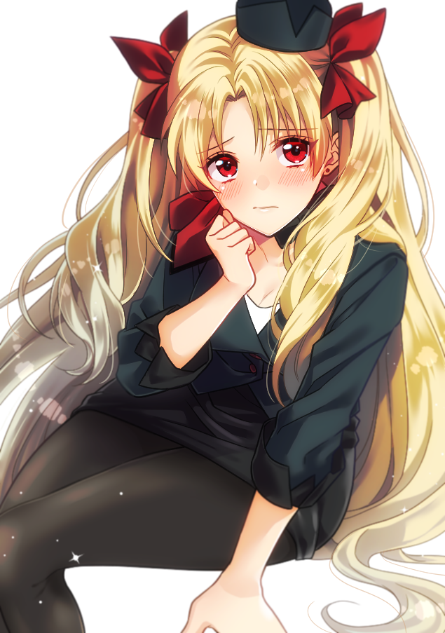1girl, aburi_rare, bangs, black_jacket, black_legwear, black_skirt, blonde_hair, blush, bow, breasts, closed_mouth, contemporary, ereshkigal_(fate/grand_order), fate/grand_order, fate_(series), garrison_cap, hair_bow, hat, heroic_spirit_festival_outfit, jacket, long_hair, long_sleeves, looking_at_viewer, medium_breasts, parted_bangs, red_bow, red_eyes, red_scarf, scarf, simple_background, sitting, skirt, solo, thighs, two_side_up, white_background