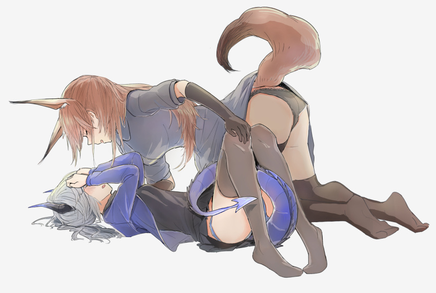 2girls, animal_ears, arknights, between_legs, black_gloves, black_legwear, black_panties, blue_panties, blush, brown_hair, closed_eyes, dragon_girl, dragon_horns, dragon_tail, elbow_gloves, facing_another, fox_ears, fox_girl, fox_tail, franka_(arknights), gloves, grey_hair, hands_on_own_face, hands_over_eyes, highres, horns, liskarm_(arknights), long_hair, lying, multiple_girls, on_back, panties, tail, tail_between_legs, thigh-highs, underwear, white_background, ying_(suetmo), yuri