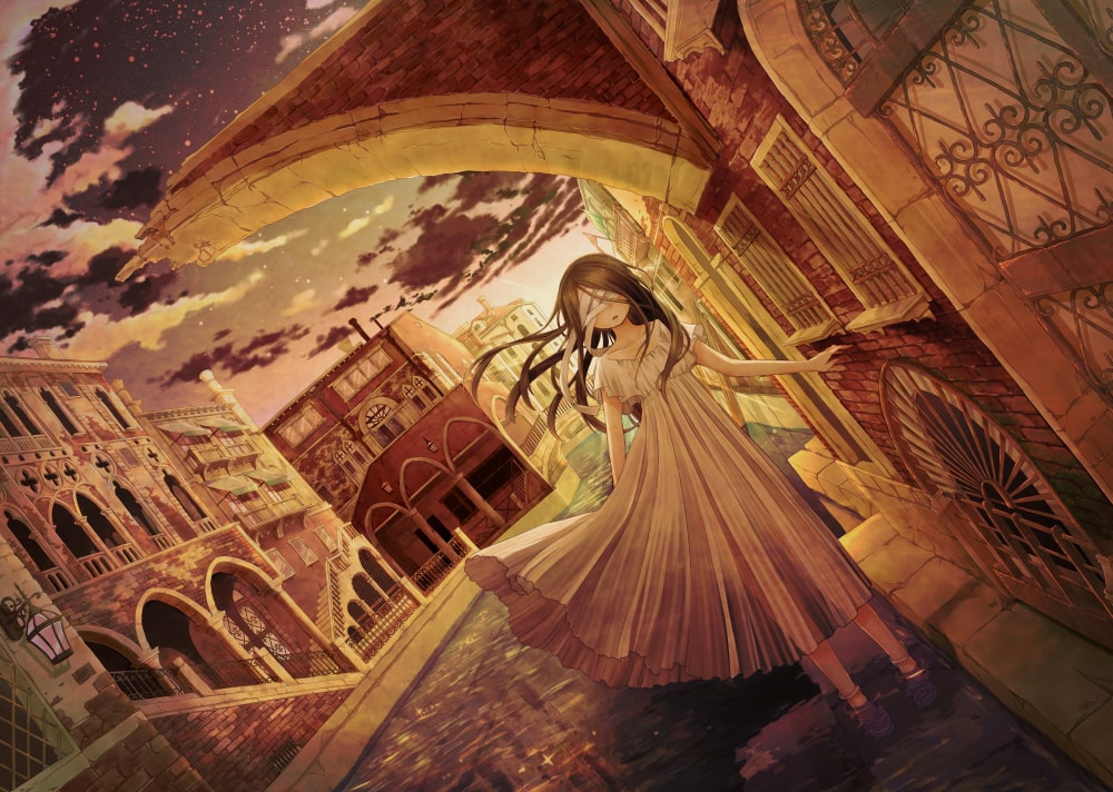 1girl, bandages, bandages_over_eyes, brick_wall, brown_hair, building, city, clouds, dress, dutch_angle, full_body, long_hair, mariyasu, open_mouth, original, outdoors, shoes, short_sleeves, solo, standing, star_(sky), sundress, twilight, water, white_dress, wind, wind_lift
