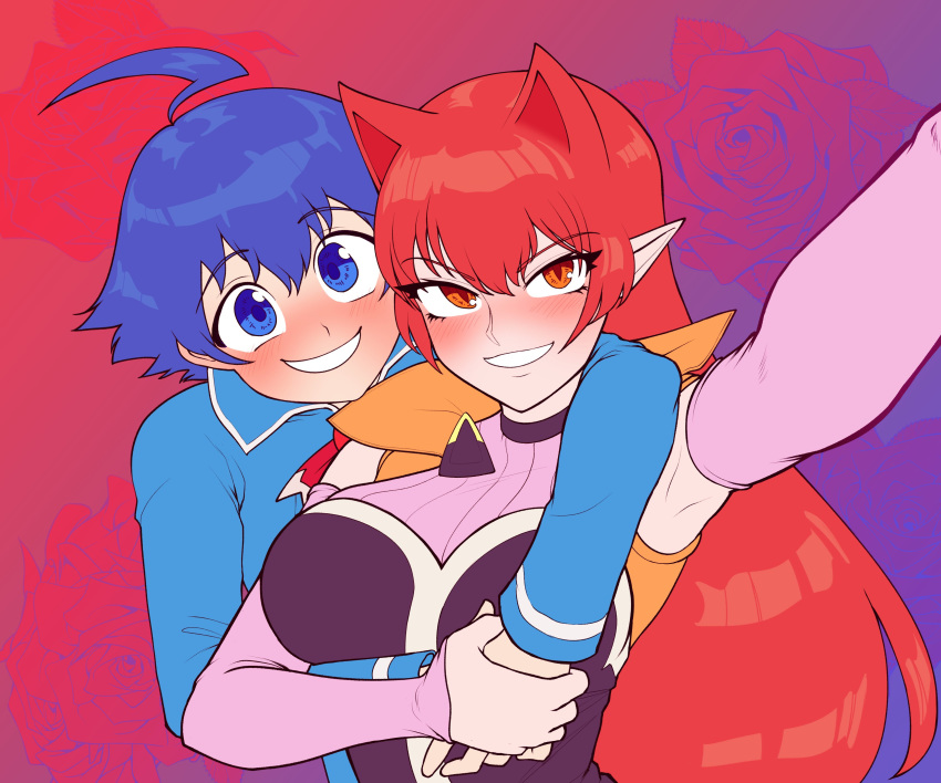 1boy, 1girl, absurdres, ahoge, azazel_ameri, babyls_school_uniform, blue_eyes, blue_hair