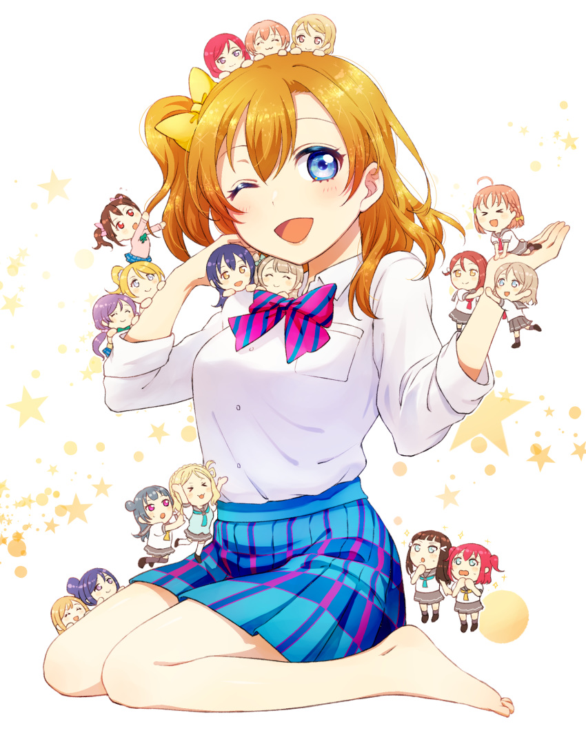 6+girls, ayase_eli, barefoot, chibi, everyone, giantess, heru_(totoben), highres, hoshizora_rin, in-franchise_crossover, koizumi_hanayo, kousaka_honoka, kunikida_hanamaru, kurosawa_dia, kurosawa_ruby, love_live!, love_live!_school_idol_project, love_live!_sunshine!!, matsuura_kanan, minami_kotori, multiple_girls, nishikino_maki, ohara_mari, one_eye_closed, otonokizaka_school_uniform, sakurauchi_riko, school_uniform, sonoda_umi, star, starry_background, takami_chika, toujou_nozomi, tsushima_yoshiko, uranohoshi_school_uniform, watanabe_you, yazawa_nico