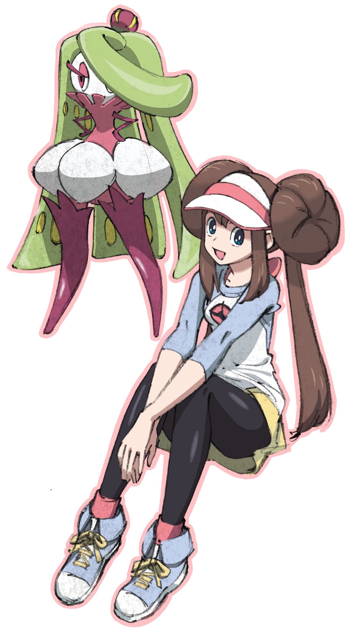 1girl, bangs, black_legwear, blue_eyes, breasts, brown_hair, double_bun, gen_6_pokemon