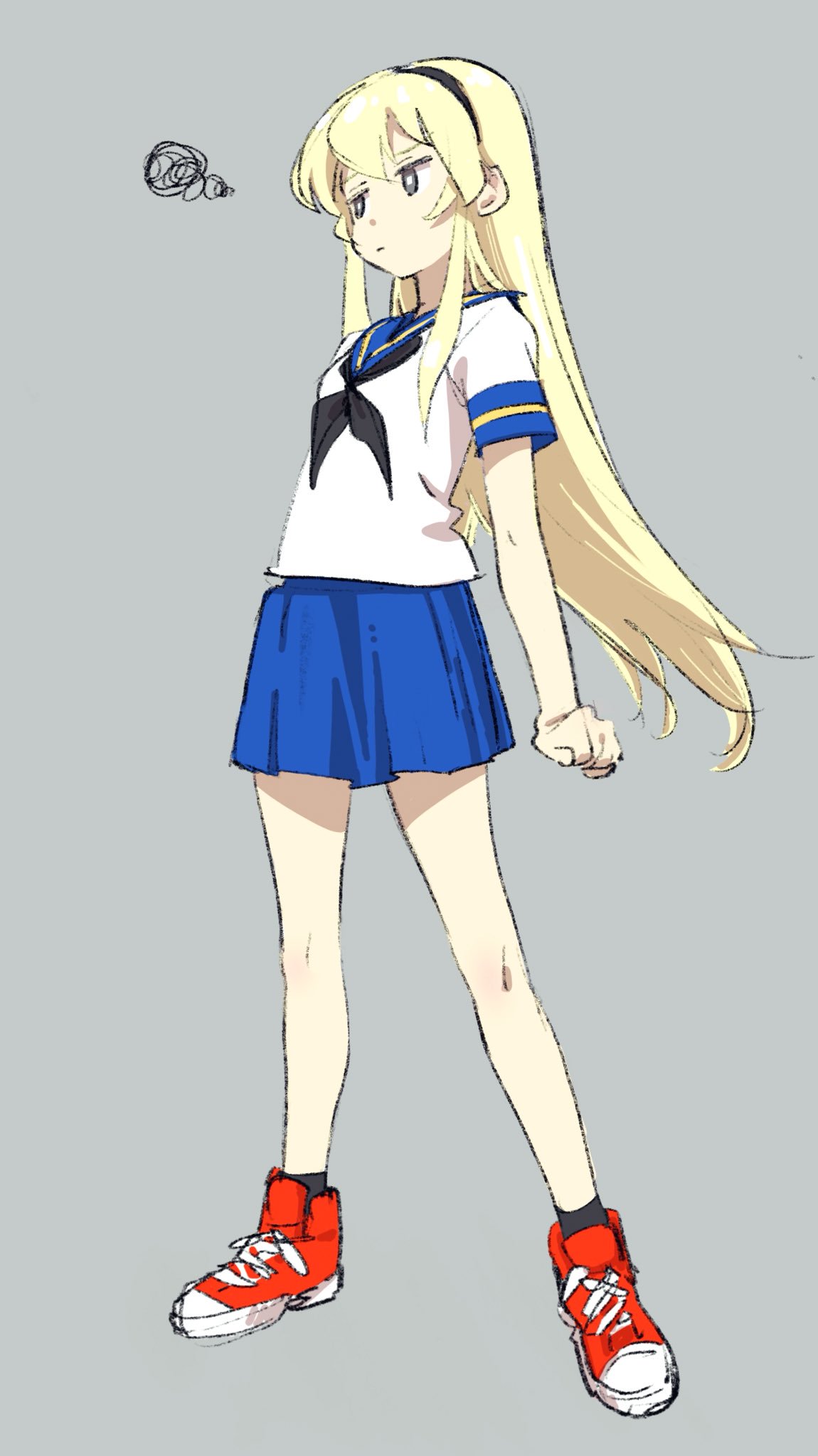1girl, alternate_costume, bangs, black_eyes, black_hairband, black_neckwear, blonde_hair, blue_sailor_collar