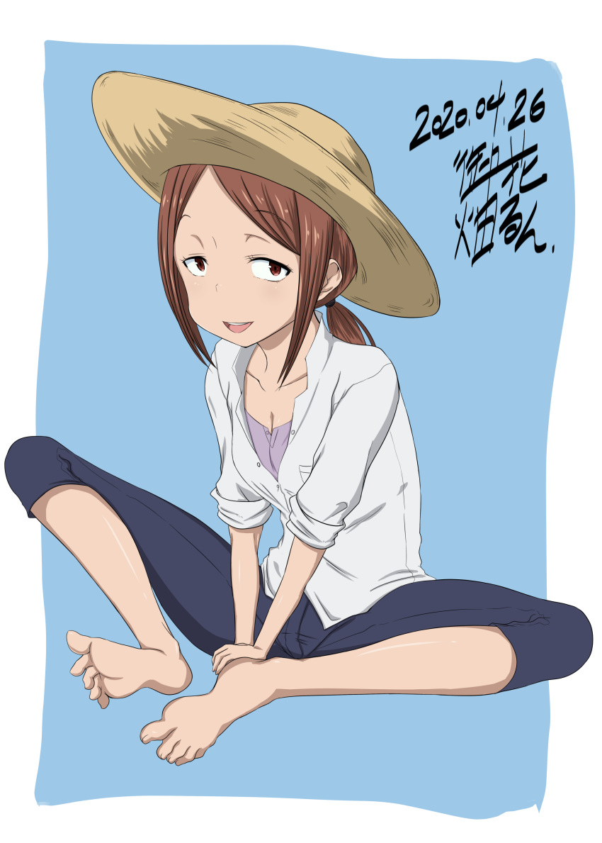 1girl, 2020, absurdres, barefoot, brown_eyes, capri_pants, commentary_request, eyebrows_visible_through_hair