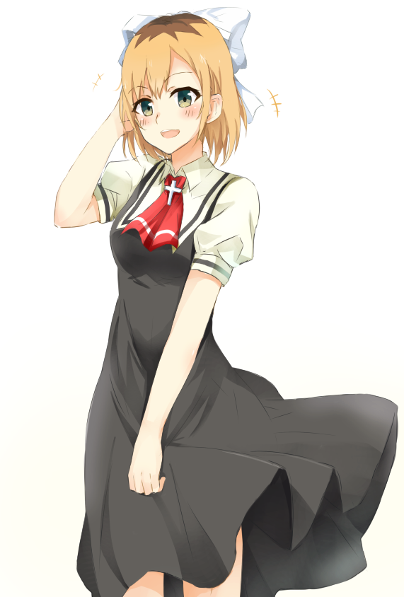 1girl, :d, air, bangs, black_dress, blonde_hair, blush, bow