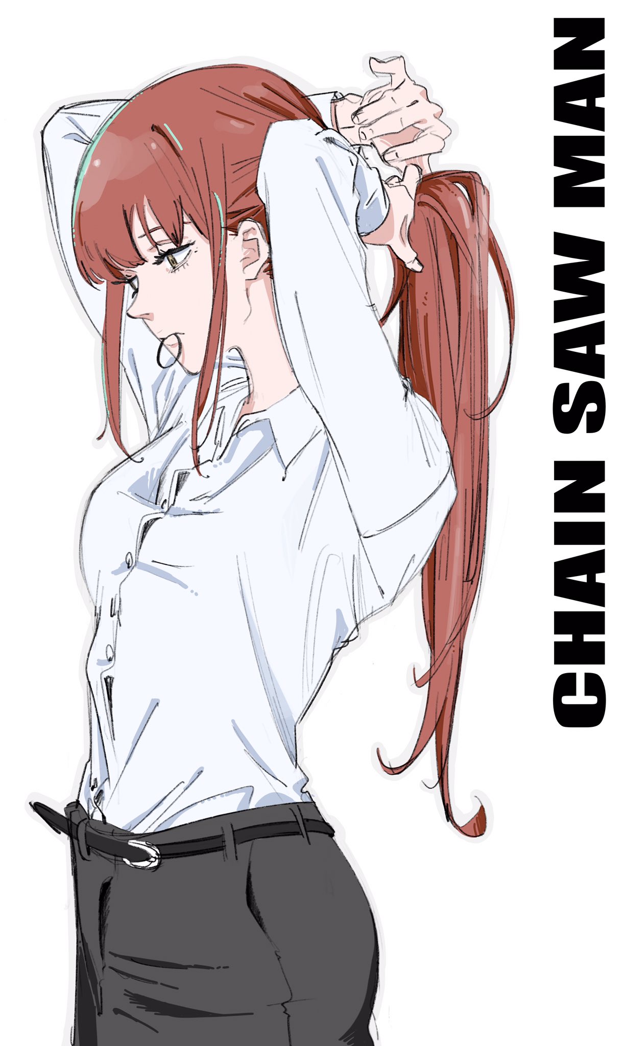 1girl, adjusting_hair, arms_up, belt, black_pants, breasts, chainsaw_man, closed_mouth