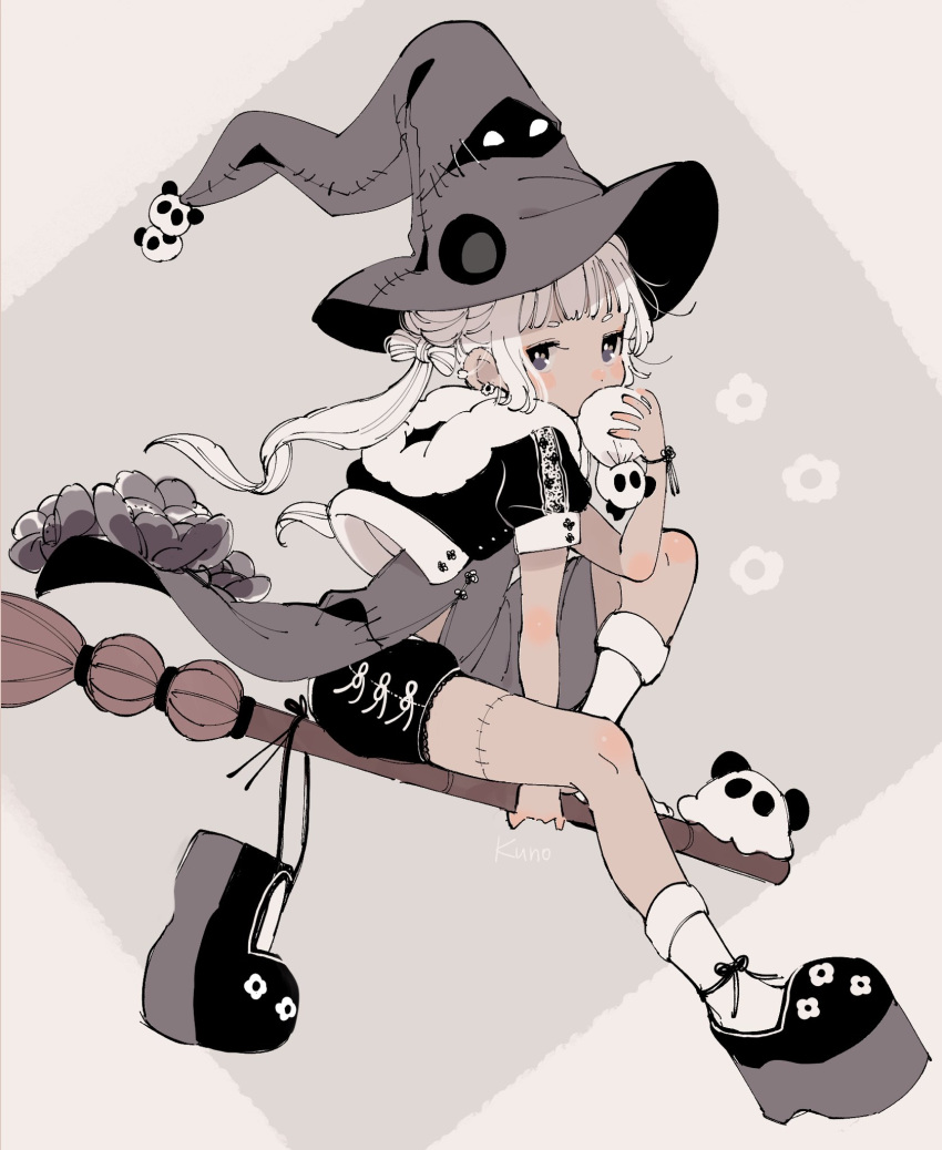 1girl, bangs, baozi, black_footwear, black_headwear, black_shorts, blush, broom