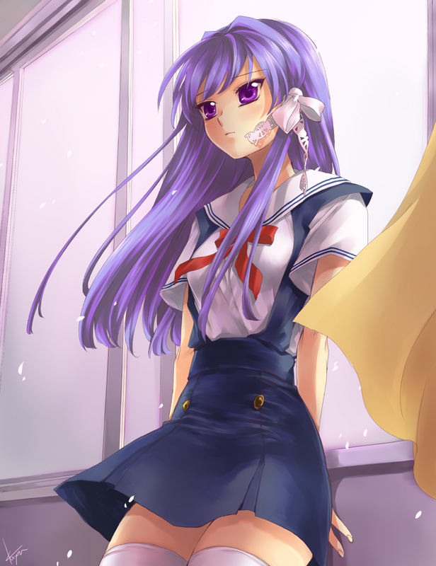 clannad, fujibayashi_kyou, hair_ribbon, hair_ribbons, kayou_(artist), kayou_(pixiv62835), long_hair, purple_eyes