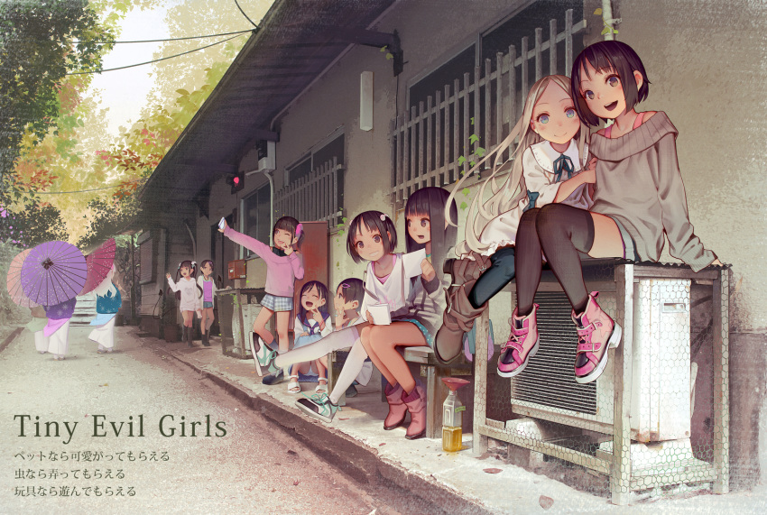 6+girls, :d, ^_^, black_legwear, blonde_hair, blue_eyes, blue_neckwear, blue_ribbon