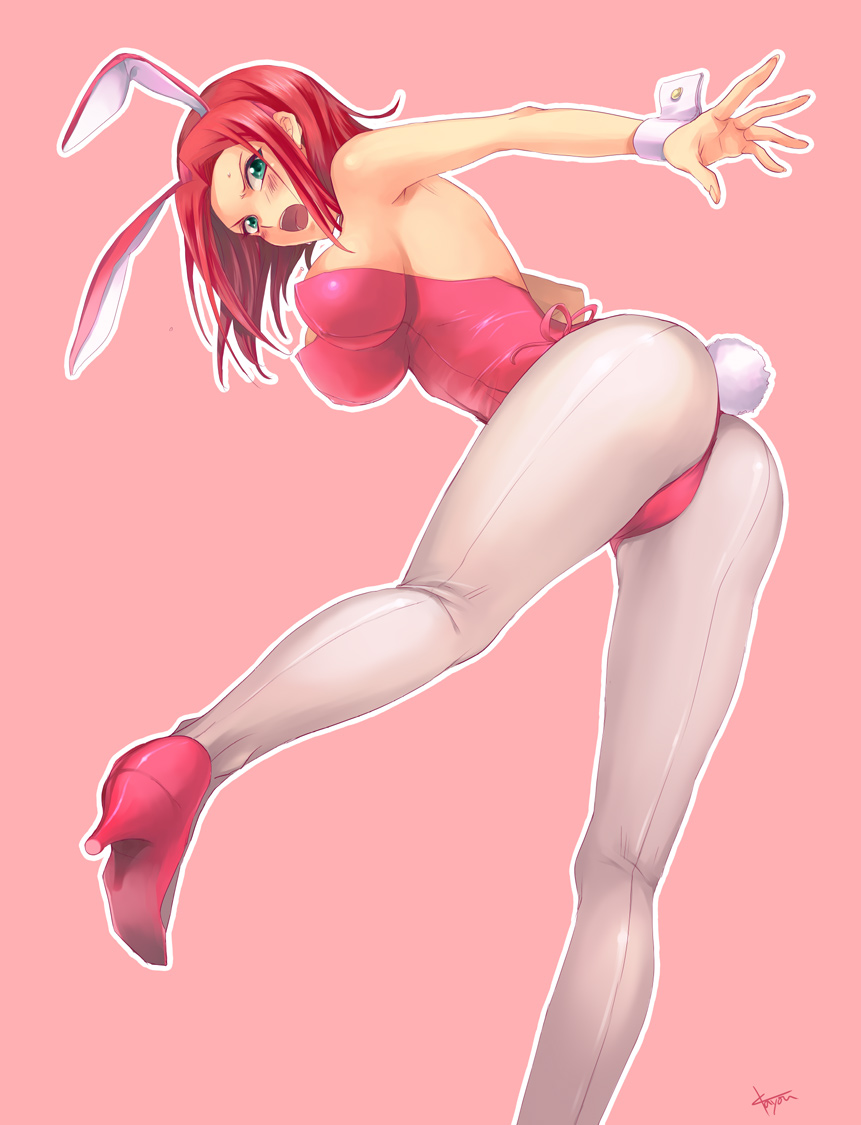 animal_ears, ass, bad_id, blush, breasts, bunny_ears, bunny_tail, bunnysuit, code_geass, green_eyes, kallen_stadtfeld, kayou_(artist), kayou_(pixiv62835), pantyhose, rabbit_ears, red_hair, redhead, short_hair, sideboob, tail, white_pantyhose
