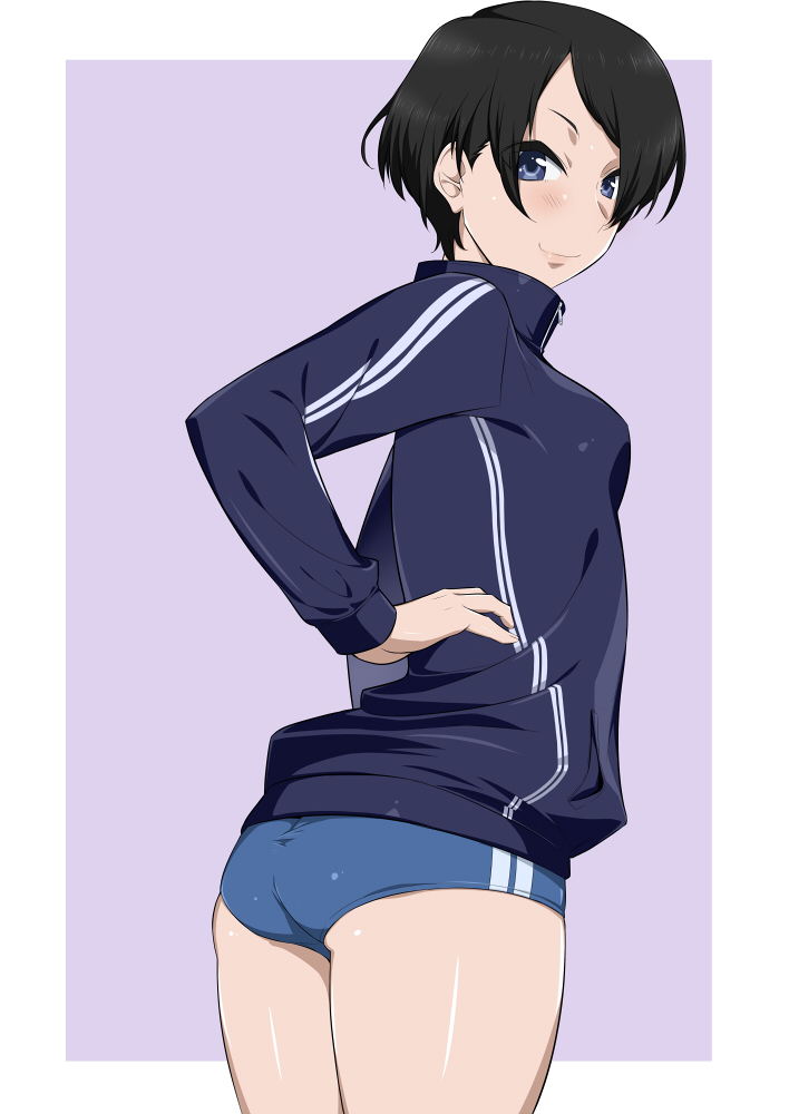 1girl, ass, black_hair, blue_eyes, buruma, commentary_request, hand_on_hip, jacket