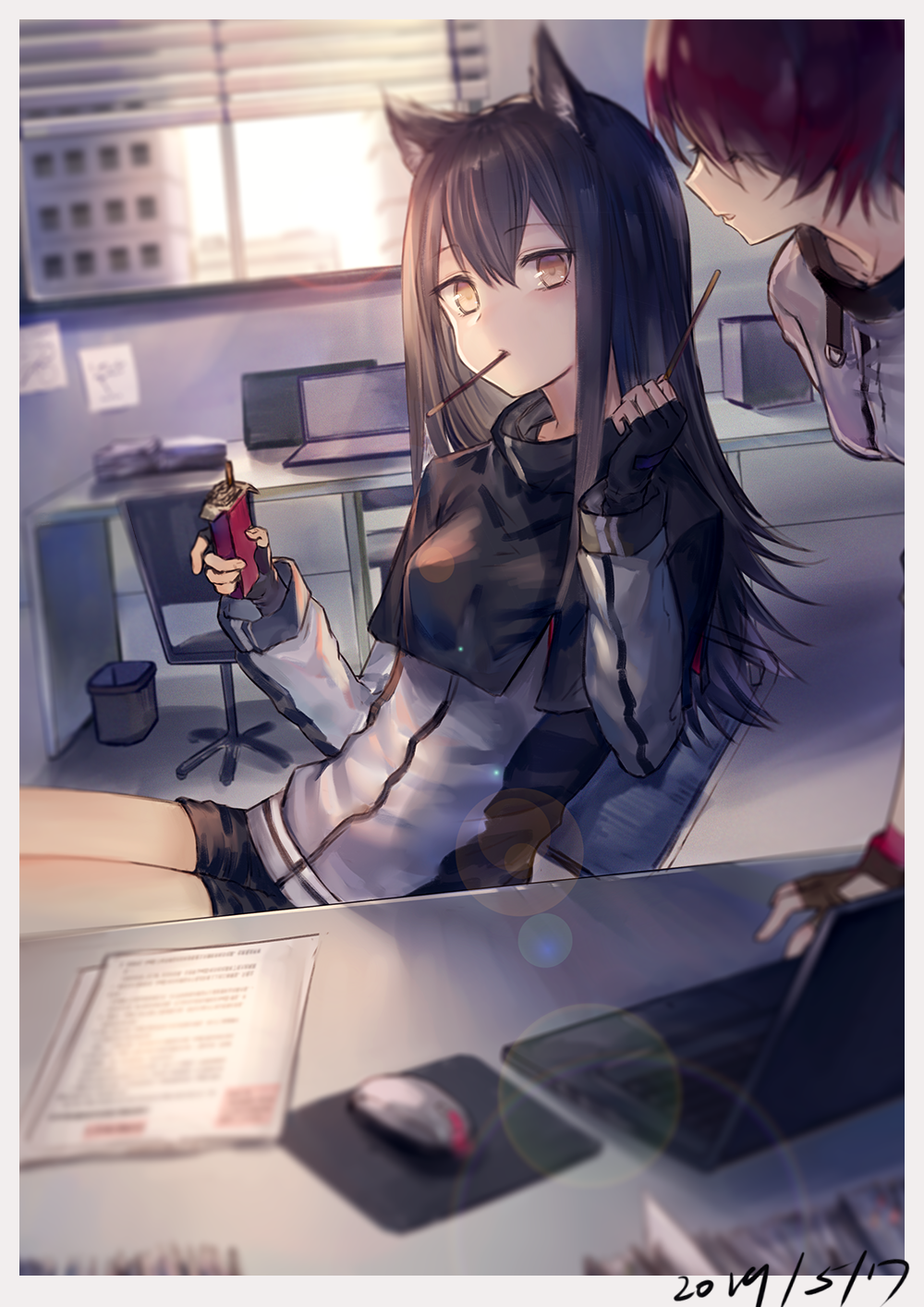 2girls, animal_ears, arknights, bangs, black_capelet, black_hair, black_shorts, blinds
