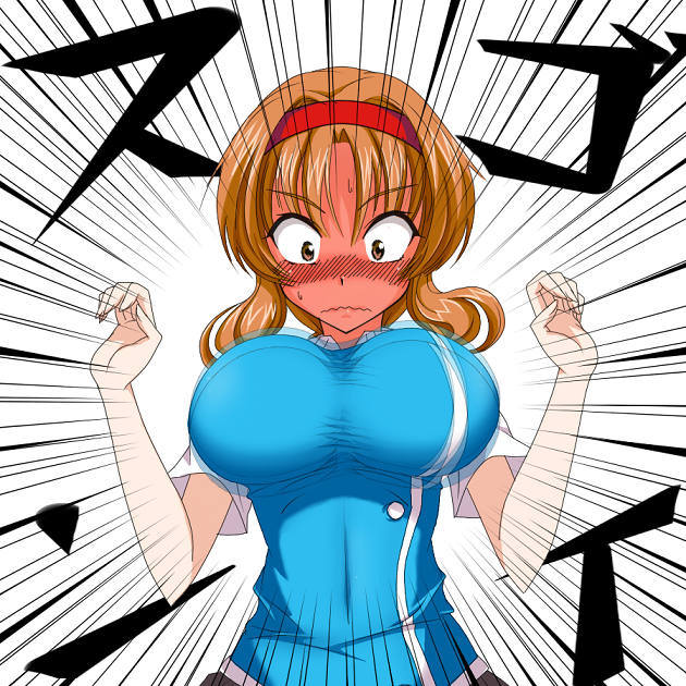 1girl, blush, bouncing_breasts, braid, breasts, brown_eyes, brown_hair, cowboy_shot, d-frag!, df, embarrassed, emphasis_lines, eyebrows_visible_through_hair, full-face_blush, hair_intakes, large_breasts, motion_blur, red_headwear, school_uniform, sidelocks, single_braid, solo, surprised, sweat, takao_(d-frag!), wavy_mouth