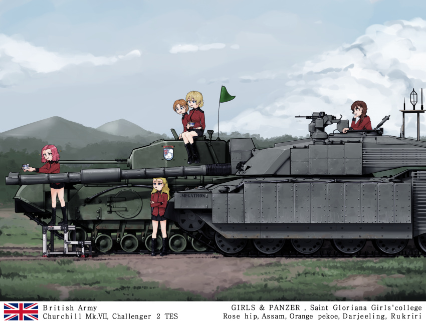 0206qwerty, 5girls, assam_(girls_und_panzer), bangs, black_legwear, black_skirt, blonde_hair, blue_eyes, braid, brown_eyes, churchill_(tank), commentary_request, cup, darjeeling_(girls_und_panzer), forest, fv4034_challenger_2, girls_und_panzer, ground_vehicle, highres, holding, long_hair, long_sleeves, military, military_vehicle, miniskirt, motor_vehicle, mountain, multiple_girls, nature, open_mouth, orange_hair, orange_pekoe_(girls_und_panzer), pleated_skirt, redhead, rosehip_(girls_und_panzer), rukuriri_(girls_und_panzer), school_uniform, shirt, short_hair, sitting, skirt, smile, st._gloriana's_military_uniform, st._gloriana's_school_uniform, standing, tank, teacup, tied_hair, uniform