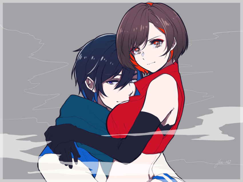 1boy, 1girl, arms_around_neck, bare_shoulders, black_gloves, blue_eyes, blue_hair, blue_scarf, brown_eyes, brown_hair, coat, commentary, couple, crop_top, elbow_gloves, gloves, grey_background, half-closed_eyes, hetero, hug, kaito, light_smile, looking_at_viewer, meiko, midriff, red_shirt, scarf, shirt, upper_body, vocaloid, white_coat, yen-mi