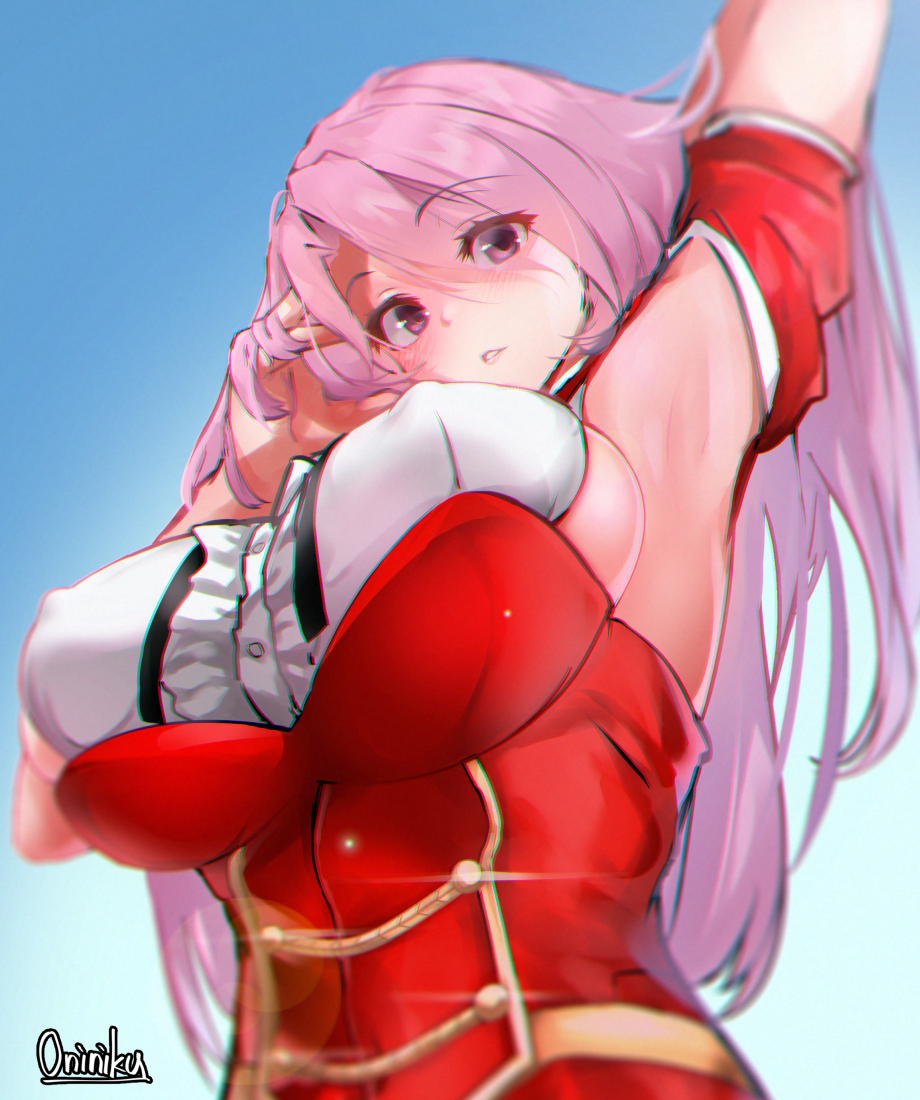 1girl, armpits, blue_sky, blush, breasts, covered_nipples, eyebrows_visible_through_hair, frilled_shirt