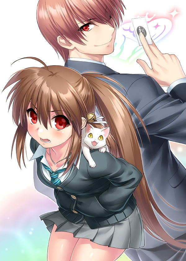 1boy, 1girl, back-to-back, black_jacket, brother_and_sister, brown_hair, card, cat