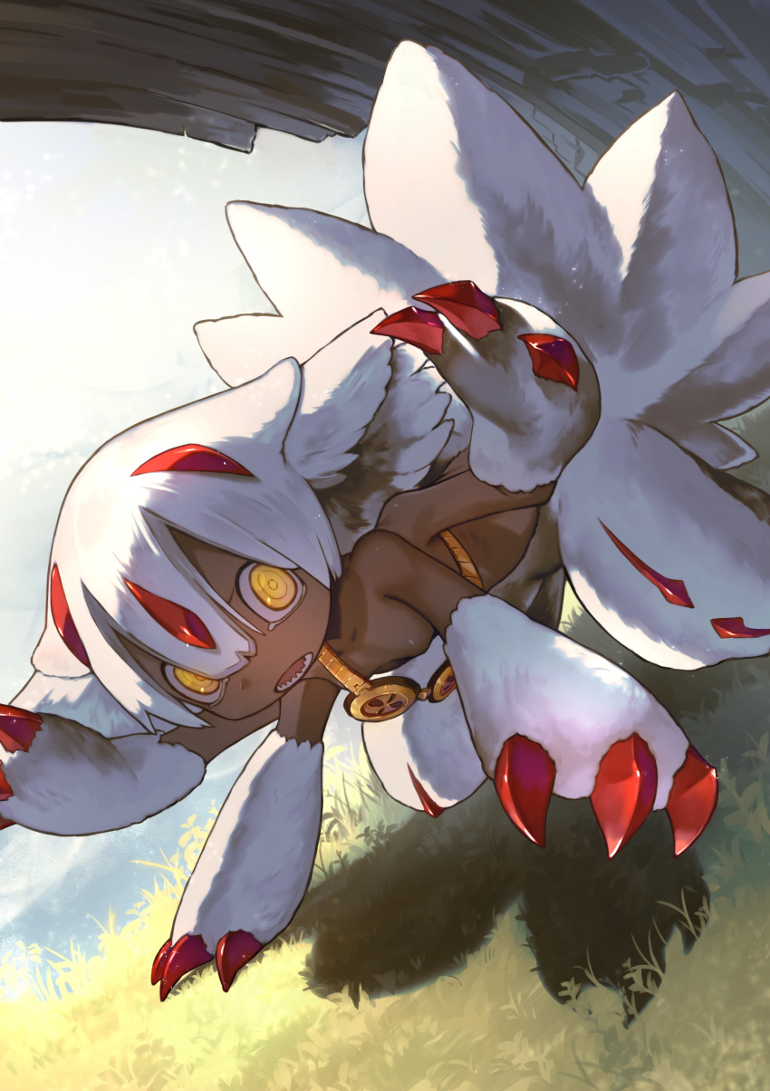 1girl, absurdres, all_fours, claws, dark_skin, day, extra_arms, faputa