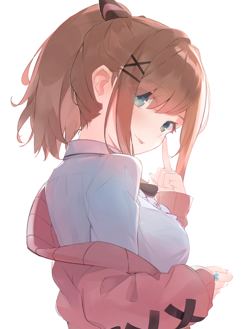 1girl, alternate_hairstyle, aqua_eyes, blue_nails, breasts, brown_hair, collared_shirt, eyebrows_visible_through_hair