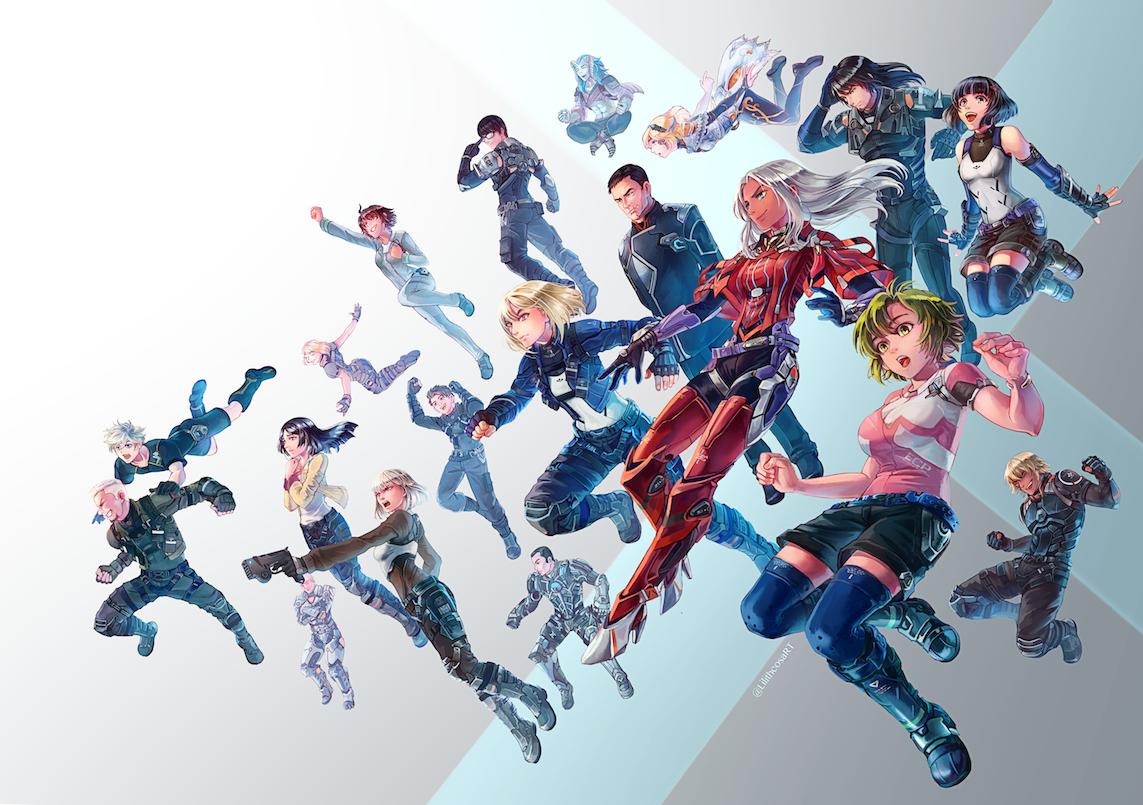 6+boys, 6+girls, :d, :o, armor, axena, black_hair, boze_lowes, bracelet, breasts, cross_(xenoblade_x), doug_barrett, elma_(xenoblade_x), everyone, falling, frye_christoph, green_hair, gun, gwin_evans, h.b._(xenoblade_x), handgun, hope_alanzi, irina_akulova, jewelry, jumping, l'cirufe, lao_huang, large_breasts, lilithcosa, lynlee_kuu, medium_breasts, mia_(xenoblade_x), multiple_boys, multiple_girls, murderess_(xenoblade_x), nagi_kentarou, open_mouth, phog_christoph, pink_shirt, selica_(xenoblade_x), shirt, short_hair, smile, twitter_username, weapon, white_hair, xenoblade_chronicles_x, yelv