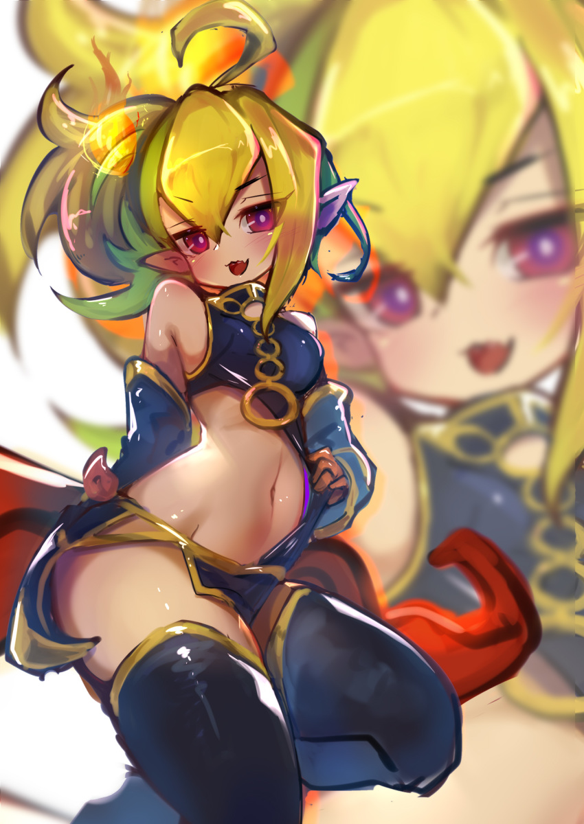 1girl, :d, ahoge, arm_behind_back, asymmetrical_clothes, asymmetrical_hair, bangs, bare_shoulders, blonde_hair, blue_dress, blue_sleeves, blush, boots, breasts, commentary_request, cowboy_shot, dress, dress_tug, duel_monster, eyebrows_visible_through_hair, fire, gold_trim, green_hair, groin, hair_between_eyes, highres, long_hair, looking_at_viewer, midriff, multicolored_hair, navel, open_mouth, pelvic_curtain, pink_eyes, pointy_ears, red_shawl, sevens_road_witch, side_cutout, side_ponytail, side_slit, sidelocks, small_breasts, smile, thigh-highs, thigh_boots, two-tone_hair, white_background, yaibaken, yuu-gi-ou, zoom_layer