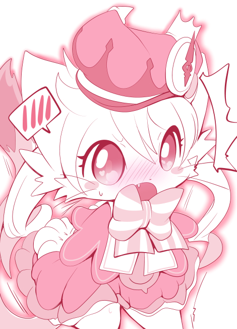 1boy, animal_ears, azuma_minatsu, blush, blush_stickers, bow, bowtie, cat, cat_boy, cat_busters, cat_ears, cat_tail, chrona_(cat_busters), commentary_request, crown, dress, fang, furry, gloves, hat, open_mouth, simple_background, solo, spoken_blush, tail, trap, twintails, whiskers