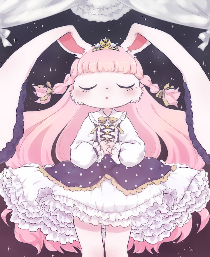 1girl, animal_ears, bow, closed_eyes, commentary_request, cowboy_shot, dress, frilled_dress, frills, furry, long_hair, night, night_sky, open_mouth, original, pink_hair, puffy_dress, pyon_ko, rabbit, rabbit_ears, ribbon, sky, solo, star_(sky), starry_sky
