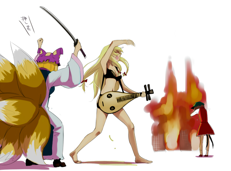 barefoot, biwa, biwa_lute, bra, chen, fire, instrument, katana, kyuubi, lingerie, lute_(instrument), peeing, sword, tail, tails, the_sims, touhou, underwear, weapon, what, yakumo_ran, yakumo_yukari, yurikawa