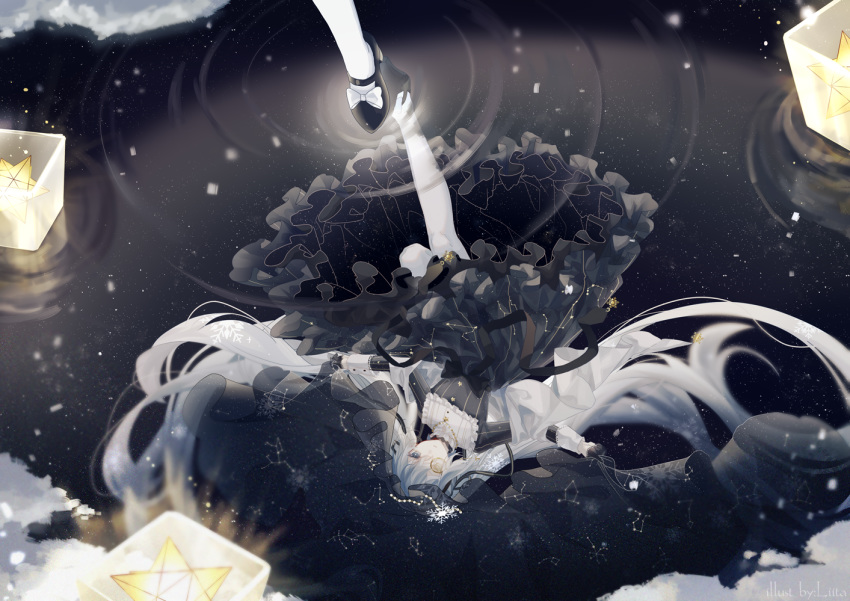 1girl, afloat_lantern, bangs, beads, black_bow, black_dress, black_footwear, black_gloves