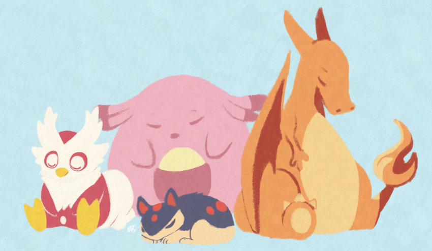 bird, blue_background, chansey, charizard, closed_eyes, commentary, creature, delibird