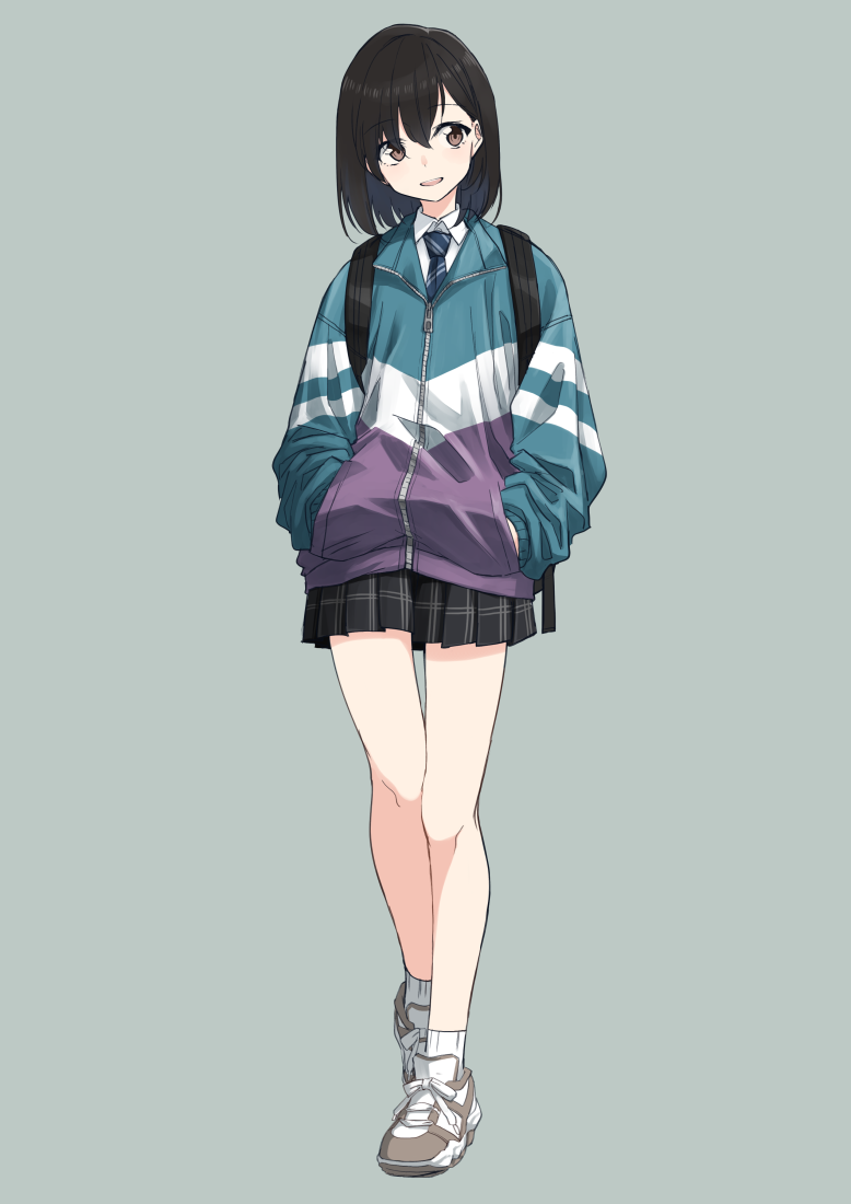 1girl, aqua_jacket, backpack, bag, bangs, black_hair, black_skirt, blue_neckwear