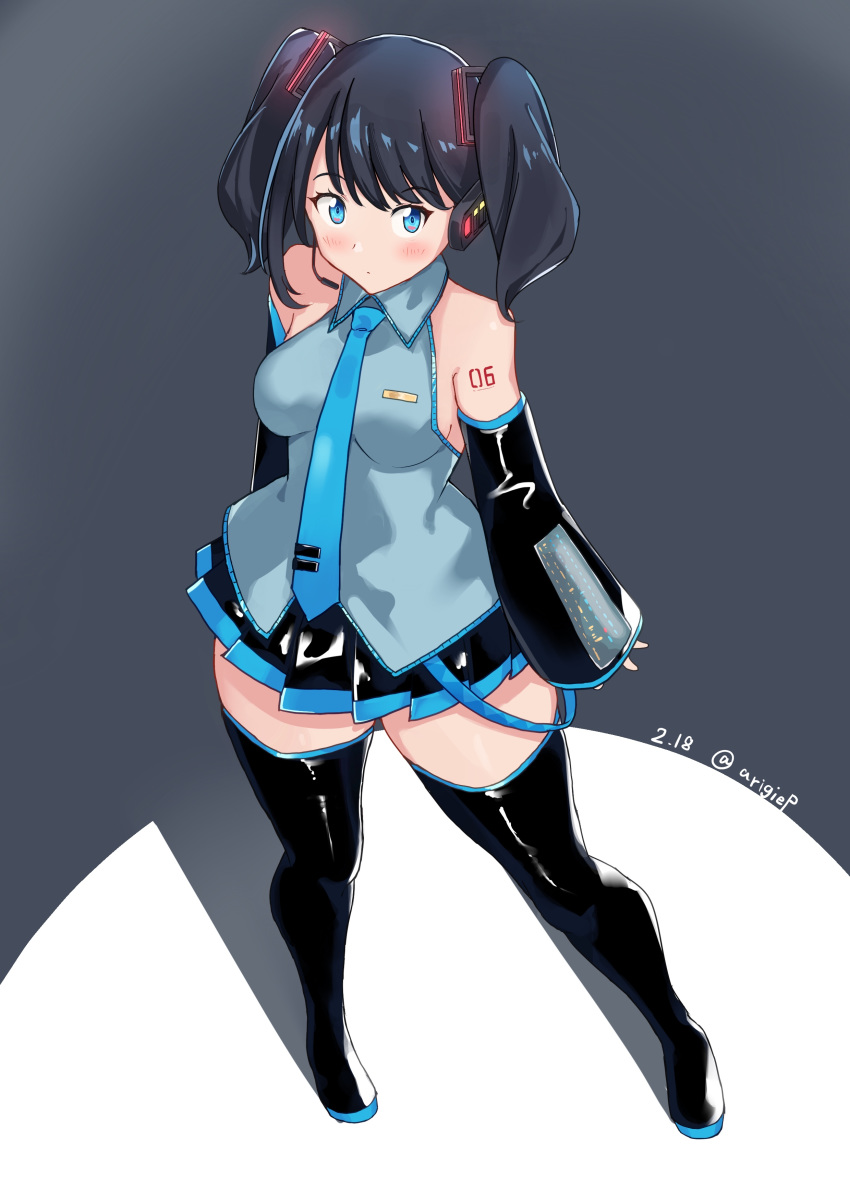 1girl, absurdres, arigiep, bare_shoulders, black_hair, black_legwear, blue_eyes, boots
