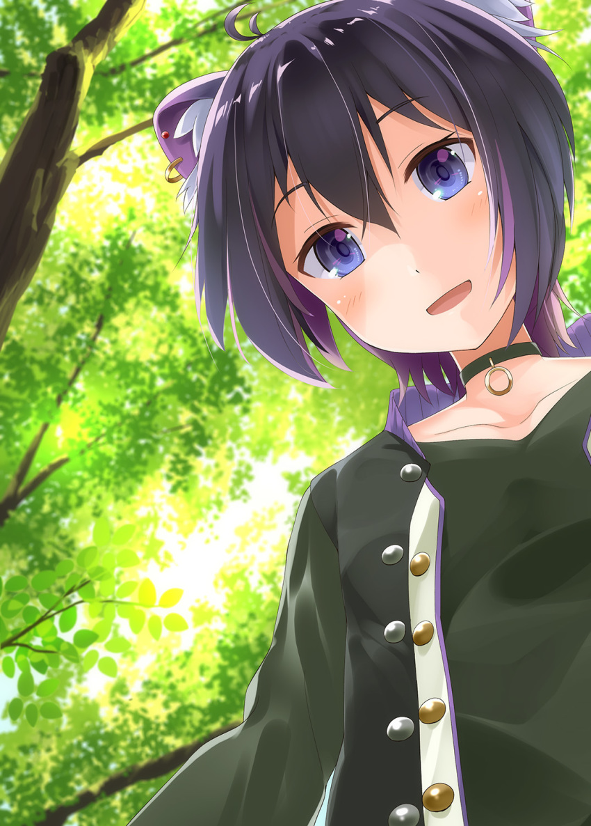 1girl, animal_ear_fluff, animare, black_choker, black_jacket, black_shirt, blush, choker