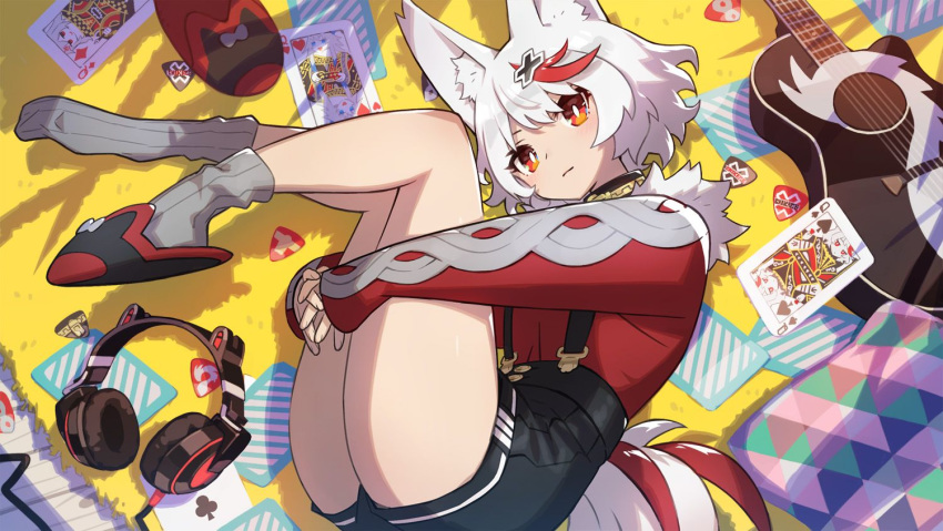 1girl, acoustic_guitar, animal_ear_fluff, animal_ears, black_shorts, card, carpet, commentary_request