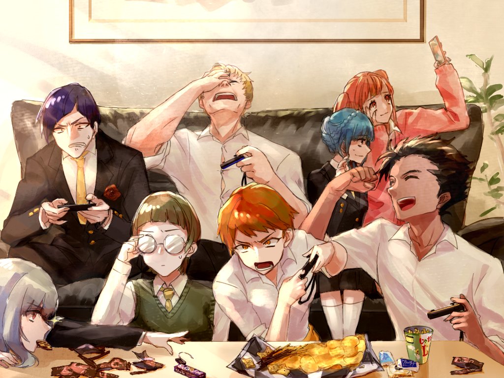 4boys, 4girls, alternate_costume, blonde_hair, braid, brown_hair, cellphone, chips