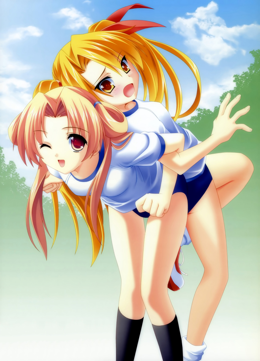 absurdres, back-to-back, blonde_hair, buruma, exercise, gym_uniform, hair_ribbon, hair_ribbons