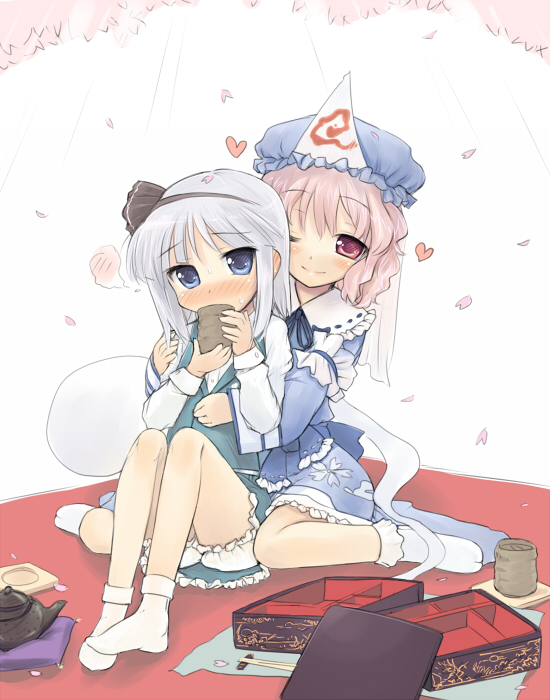 blush, chaudlapin, cup, hat, hitodama, konpaku_youmu, konpaku_youmu_(ghost), multiple_girls
