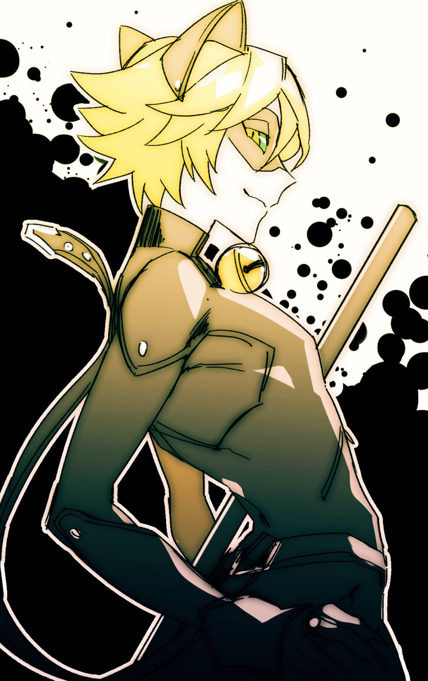 1boy, adrien_agreste, animal_ears, arched_back, bell, bell_collar, blonde_hair, bodysuit, bow_(weapon), cat_ears, chat_noir, closed_mouth, collar, fake_animal_ears, flipped_hair, from_side, green_sclera, hand_on_hip, highres, looking_at_viewer, male_focus, miraculous_ladybug, sabu_(sa-bu), simple_background, smile, solo, upper_body, weapon, white_background, yellow_eyes
