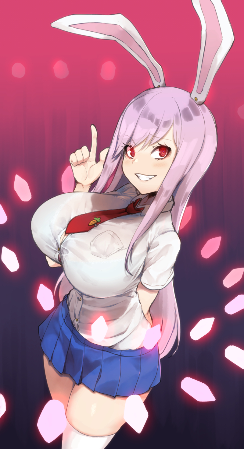 1girl, animal_ears, blue_skirt, breasts, carrot, danmaku, finger_gun, gradient