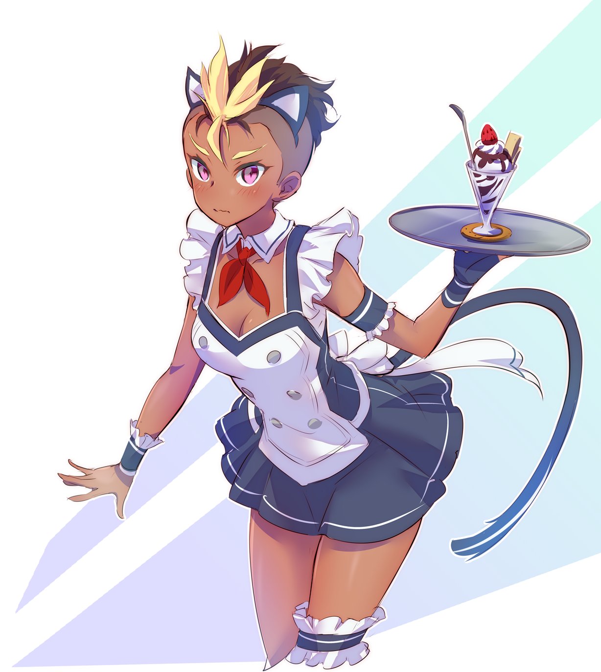 1girl, alternate_costume, animal_ears, arm_garter, asymmetrical_clothes, cat_ears, cat_tail, dark_skin, detached_collar, enmaided, fake_animal_ears, fingerless_gloves, gloves, harriet_bree, highres, iesupa, maid, mohawk, multicolored_hair, parfait, red_neckwear, rwby, single_garter, single_glove, single_wrist_cuff, solo, tail, tray, two-tone_hair, undercut, violet_eyes
