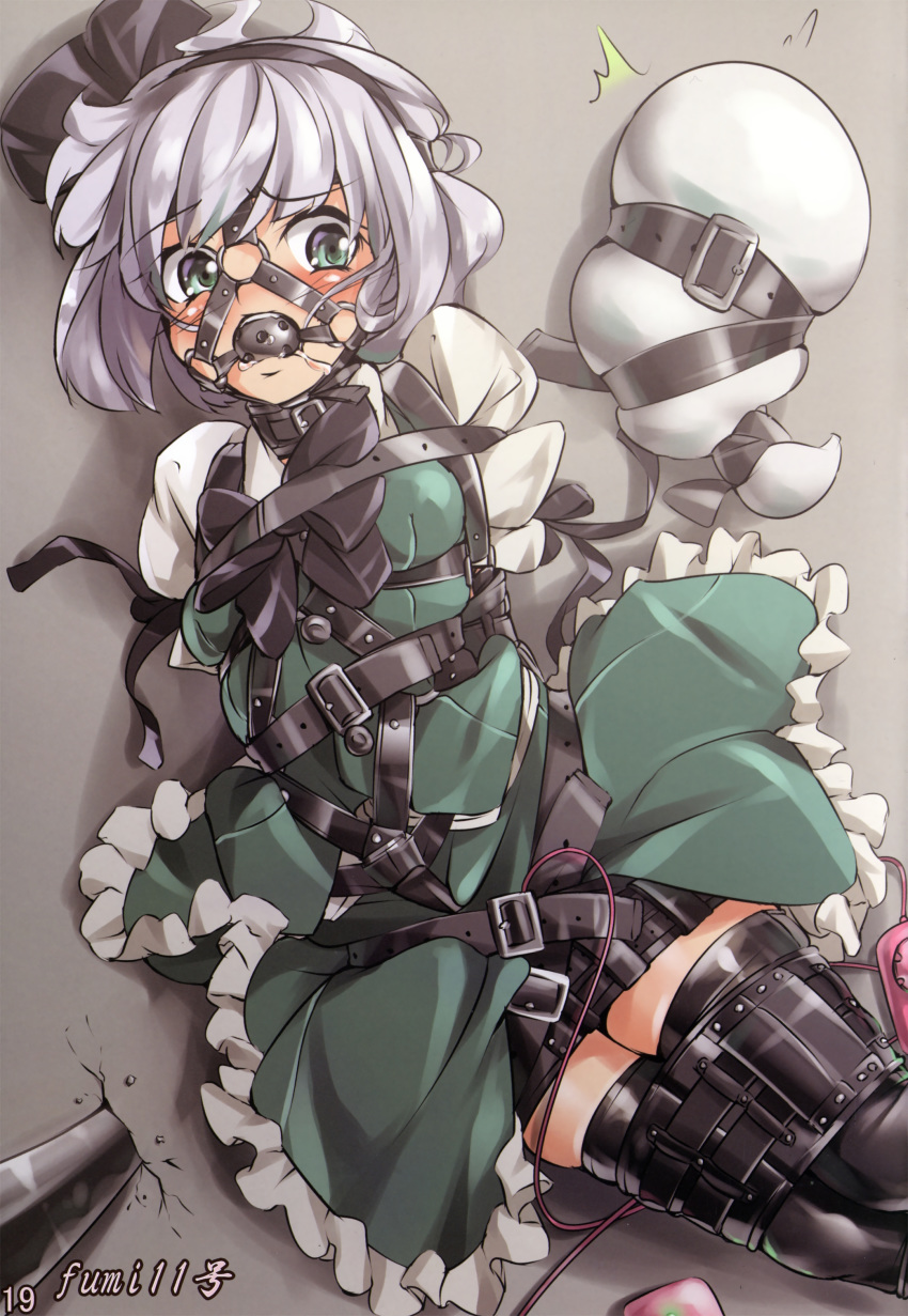1girl, absurdres, ball_gag, bdsm, between_legs, bondage, bound, collar, fumi11gou, gag, gagged, green_eyes, highres, konpaku_youmu, konpaku_youmu_(ghost), saliva, short_hair, silver_hair, solo, touhou