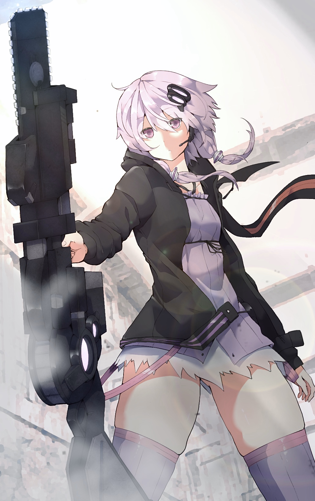 1girl, animal_ears, belt, black_jacket, building, chainsaw, closed_mouth, commentary, cowboy_shot, dress, expressionless, from_below, hair_ornament, hair_tubes, headset, highres, holding, holding_weapon, hood, hooded_jacket, jacket, lens_flare, looking_at_viewer, purple_dress, purple_hair, purple_legwear, rabbit_ears, shigure1213, short_hair_with_long_locks, sidelocks, skindentation, thick_thighs, thigh-highs, thighs, violet_eyes, vocaloid, voiceroid, weapon, yuzuki_yukari