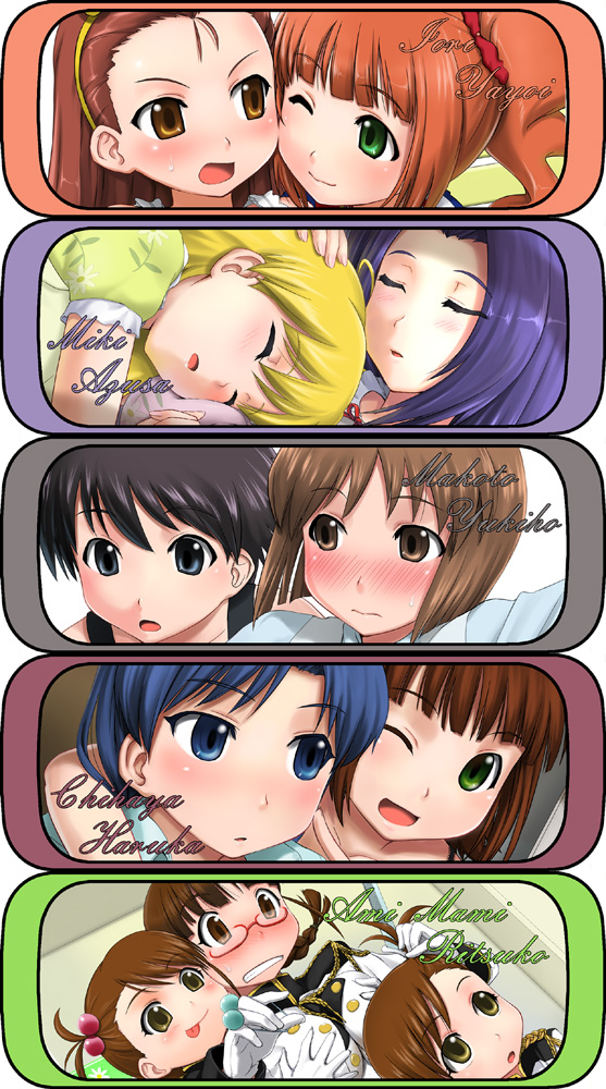 amami_haruka, blush, breast_grab, breasts, futami_ami, futami_mami, glasses, hagiwara_yukiho