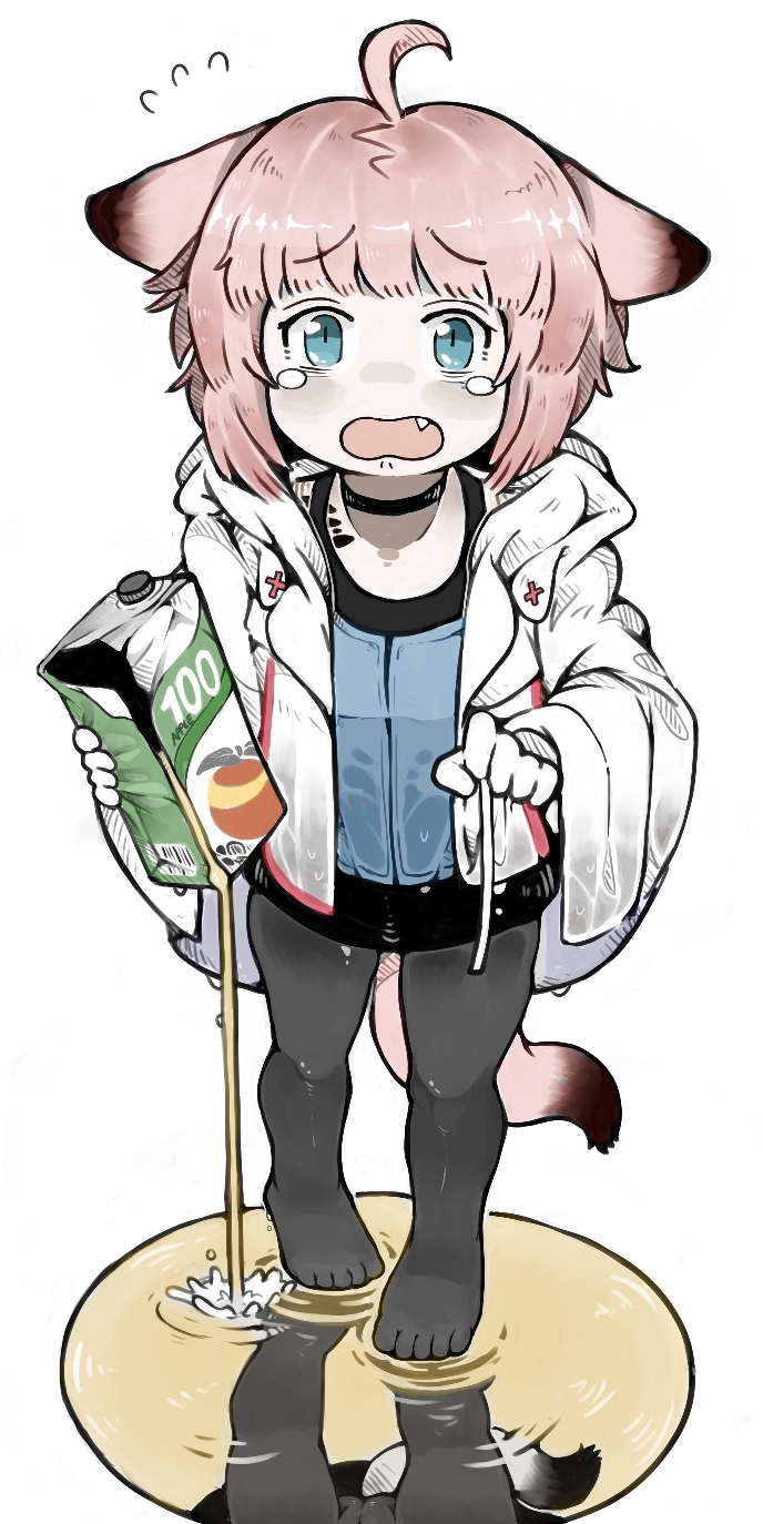 1girl, animal_ears, arknights, black_legwear, blue_eyes, cloak, ears_down, fang