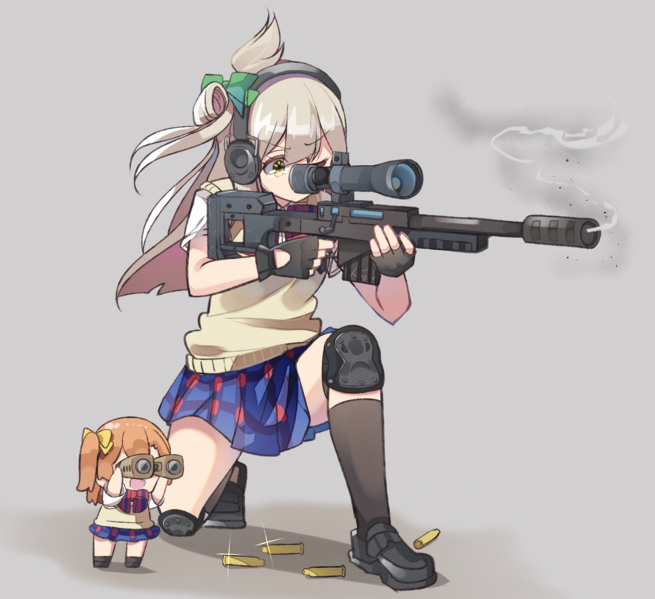 2girls, binoculars, chibi, eyebrows_visible_through_hair, green_ribbon, grey_hair, gun, hair_ribbon