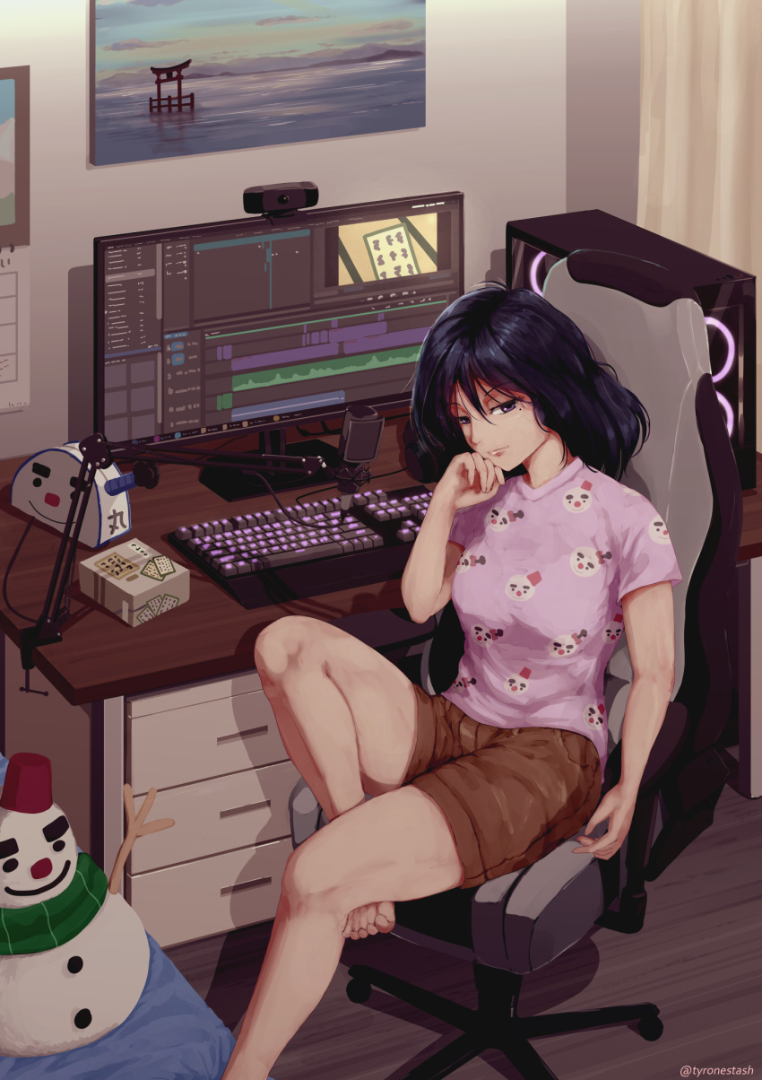 1girl, at_computer, bedroom, black_hair, breasts, casual, chair, chihayafuru, commentary, commission, computer, computer_tower, desk, english_commentary, highres, indoors, keyboard_(computer), medium_breasts, medium_hair, microphone, microphone_stand, mole, mole_under_eye, monitor, office_chair, pink_shirt, print_shirt, shirt, shorts, sitting, snowman, snowmaru, solo, t-shirt, tyrone, violet_eyes, wakamiya_shinobu