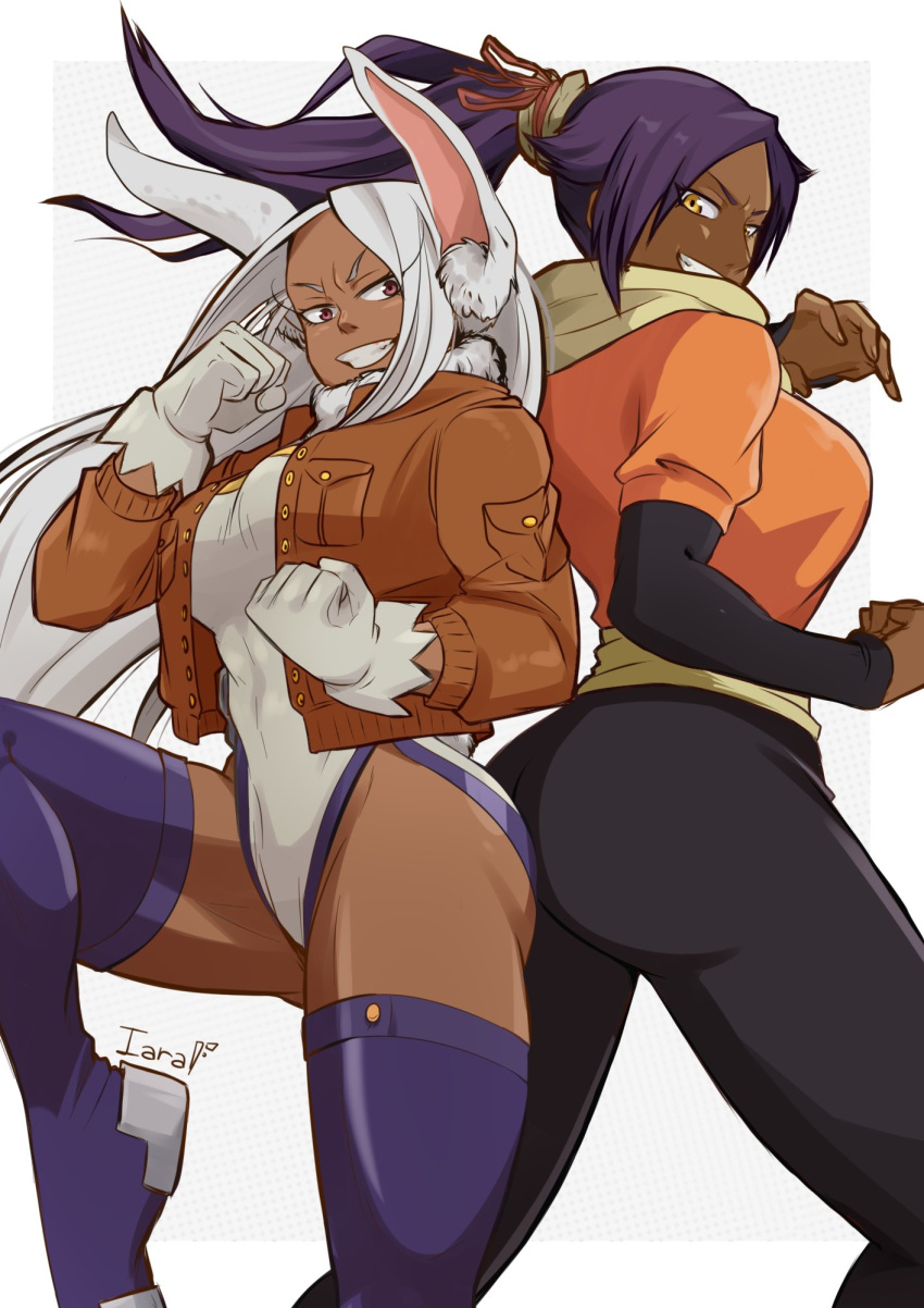 2girls, animal_ear_fluff, animal_ears, armor, armored_boots, artist_name, ass, ass-to-ass, ass_press, ass_visible_through_thighs, back, back-to-back, bangs, bare_back, bare_shoulders, beige_scarf, black_legwear, black_leotard, bleach, blue_footwear, blue_legwear, boku_no_hero_academia, boots, border, breasts, bunny_tail, buttons, clenched_hands, commentary, constricted_pupils, crescent_print, crossover, dark_skin, faulds, fighting_stance, flipped_hair, floating_hair, from_side, fur_collar, gloves, grey_background, groin, hair_ribbon, halftone, halftone_background, hand_up, high_ponytail, highleg, highres, iaranaika, jacket, large_breasts, leg_up, legs_apart, leotard, long_hair, looking_at_viewer, looking_back, mirko, multiple_girls, muscle, muscular_female, orange_shirt, outside_border, parted_bangs, pocket, ponytail, portuguese_commentary, purple_hair, rabbit_ears, red_eyes, red_ribbon, ribbon, scarf, shihouin_yoruichi, shirt, sideboob, signature, standing, standing_on_one_leg, tail, tail_through_clothes, teeth, thick_thighs, thigh-highs, thigh_boots, thighs, trait_connection, v-shaped_eyebrows, very_long_hair, white_border, white_gloves, white_hair, white_leotard, yellow_eyes