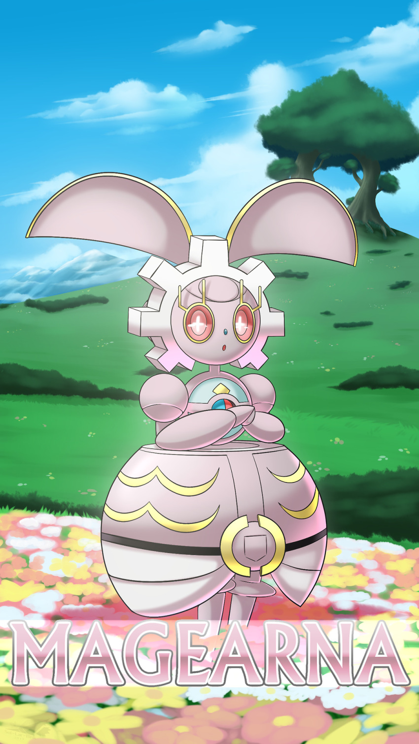 :o, blue_sky, character_name, clouds, cloudy_sky, commentary, creature, day, english_commentary, flower, full_body, gen_7_pokemon, grass, highres, looking_at_viewer, magearna, multiple_sources, mythical_pokemon, no_humans, outdoors, pink_eyes, pokemon, pokemon_(creature), sky, sol-lar-bink, solo, tree