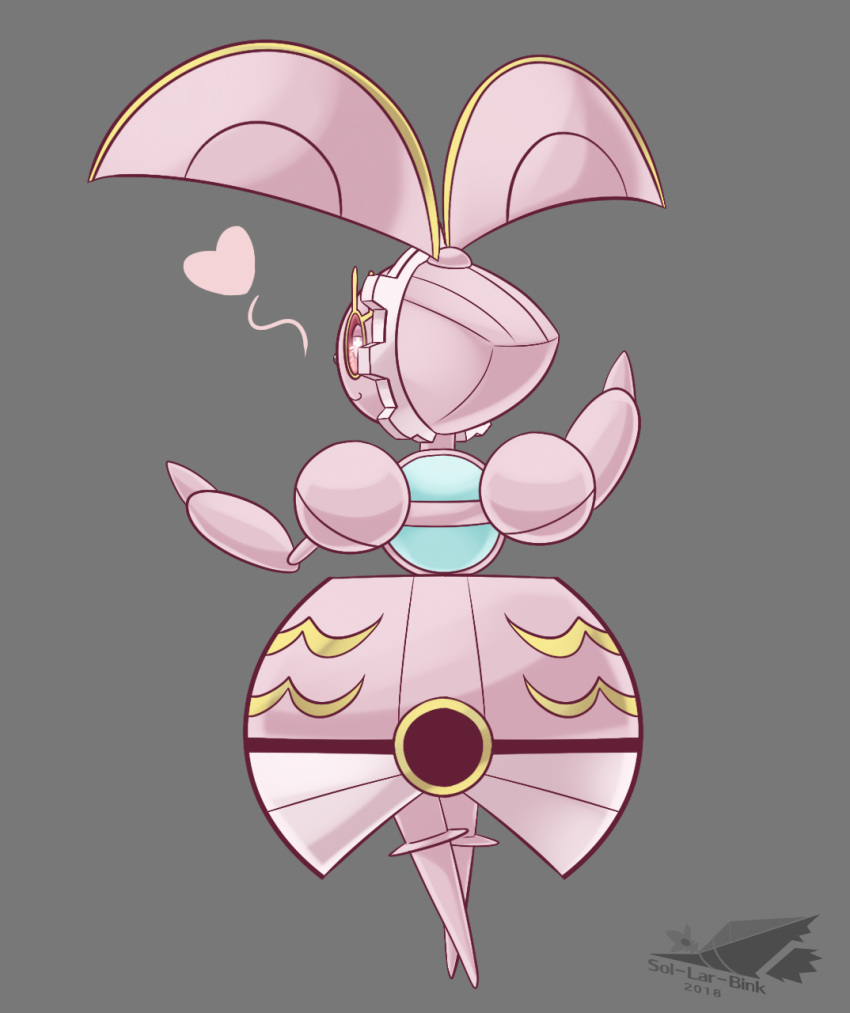 commentary, creature, english_commentary, from_behind, full_body, gen_7_pokemon, grey_background, heart, highres, looking_at_viewer, looking_back, magearna, magearna_(normal), mythical_pokemon, no_humans, pink_theme, pokemon, pokemon_(creature), simple_background, sol-lar-bink, solo, standing
