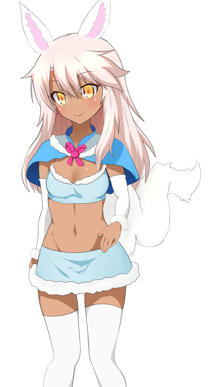 1girl, absurdres, animal_ears, bandeau, blue_capelet, blue_skirt, blush, breasts